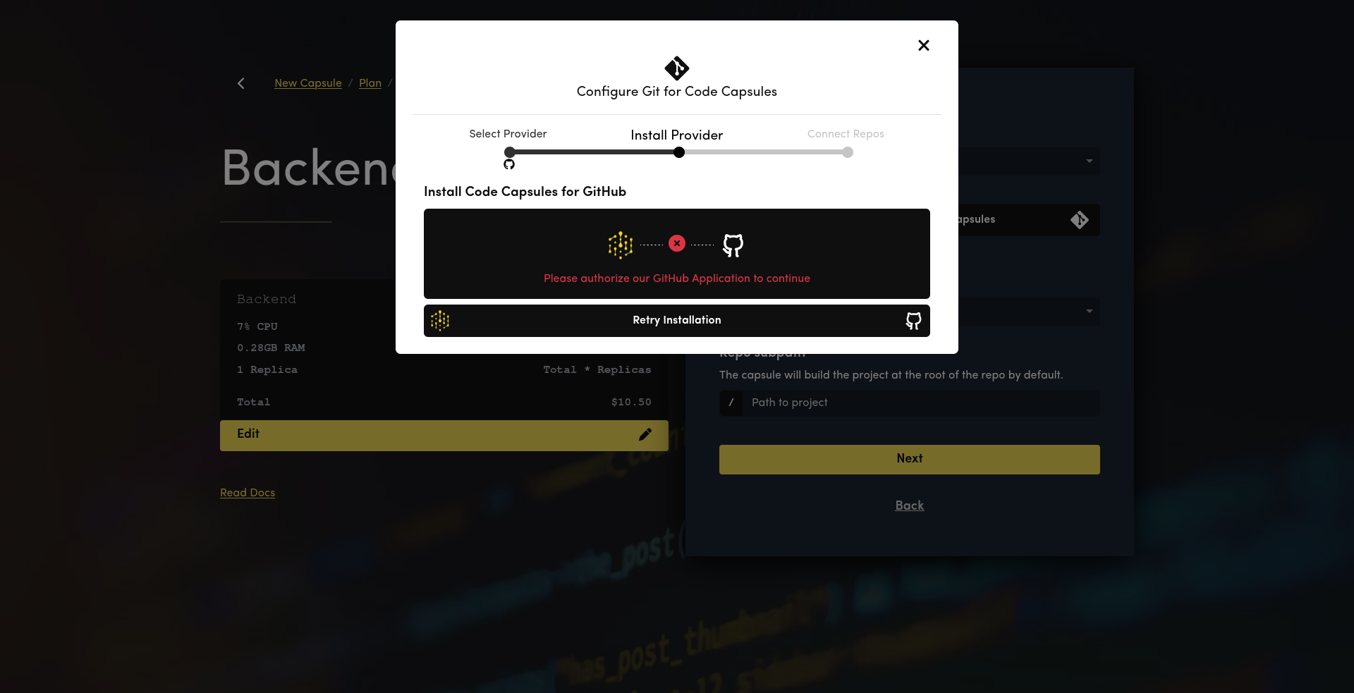 Code Capsules GitHub error