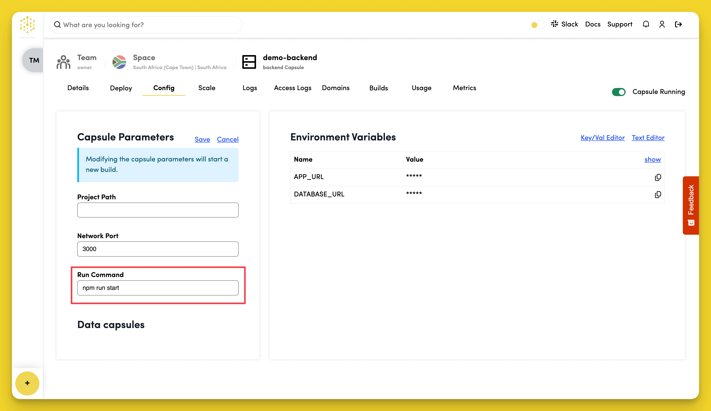 Run command for Node application