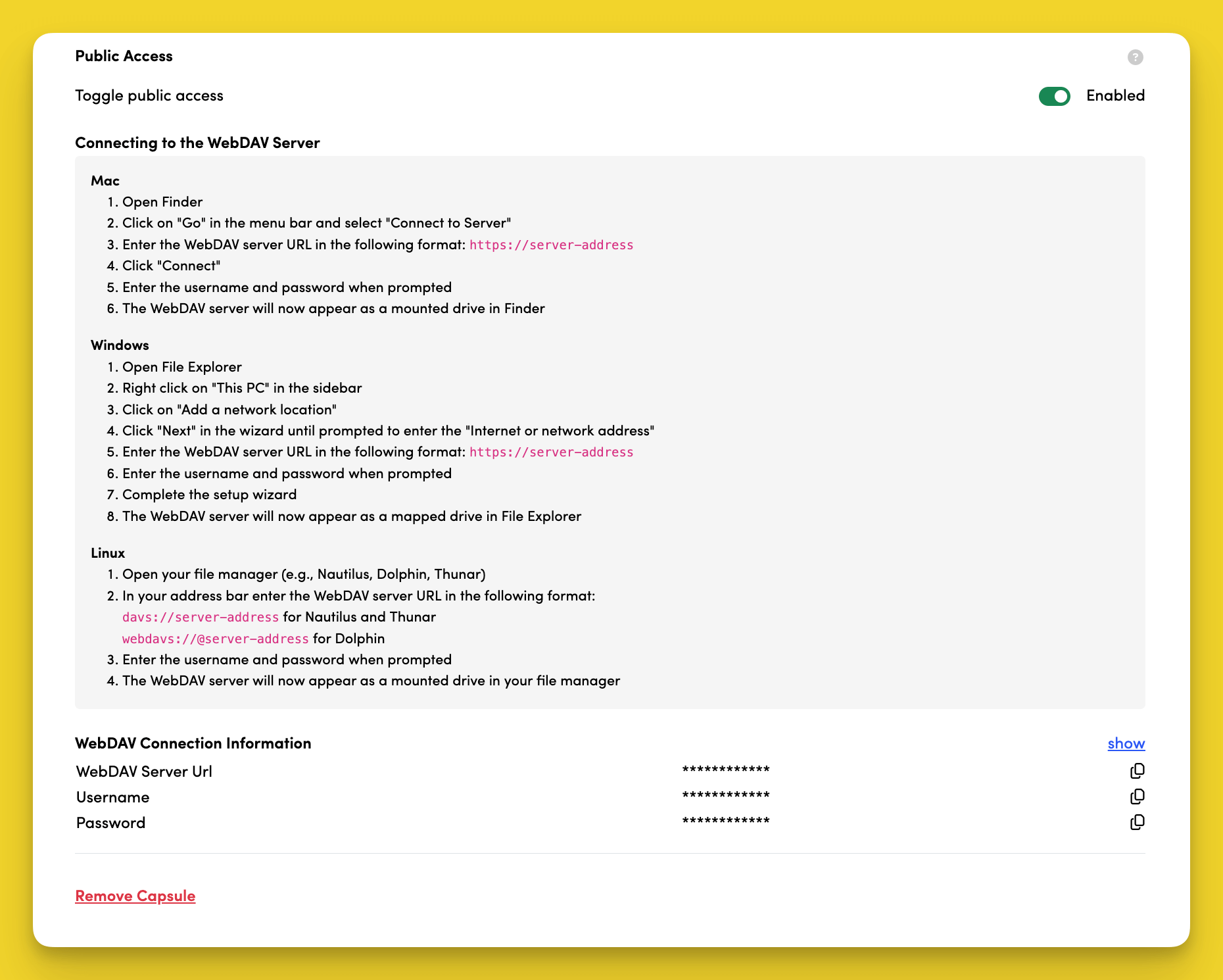 Connect to Public Storage with WebDAV