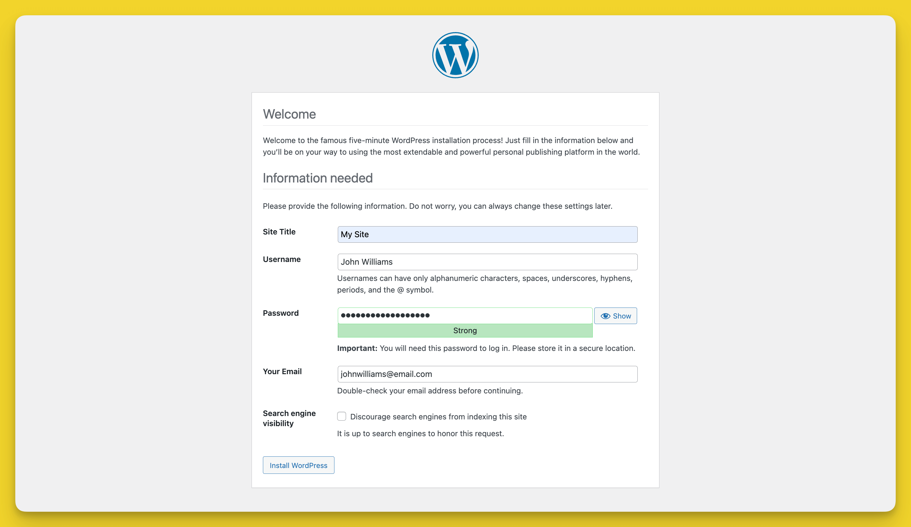 Setup Wordpress Admin Account